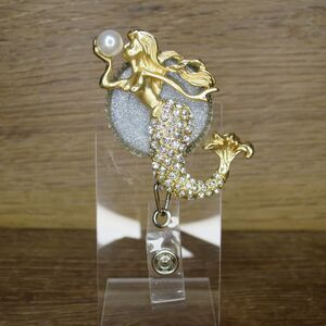 Mermaid Holding Pearl Shine Crystals Retractable ID Badge Reel Alligator Clip